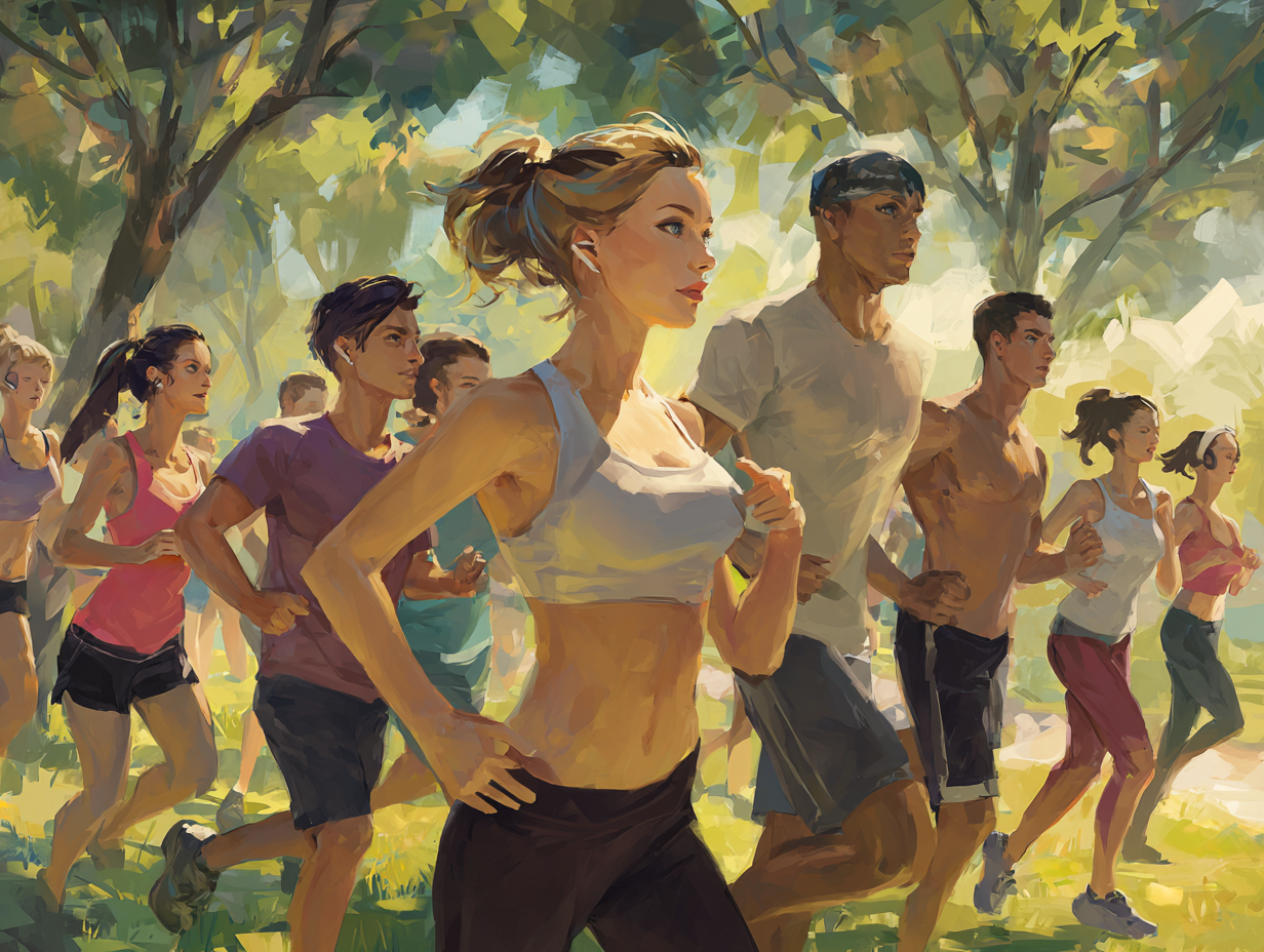 Grup de persoane diverse făcând exerciții de fitness într-un parc